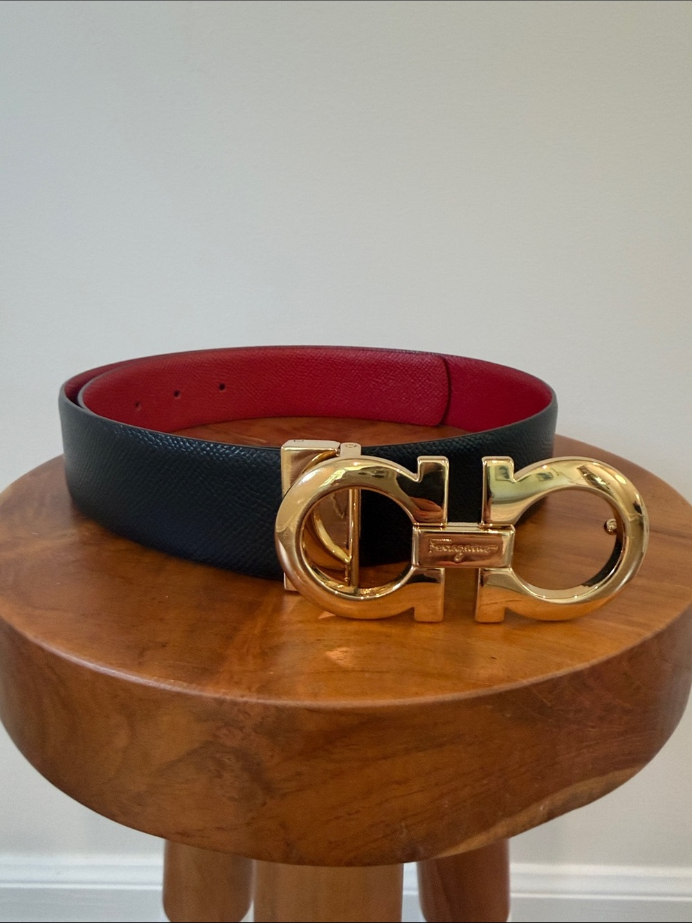 Salvatore Ferragamo Black & Red Reversible Leather Belt with Gold Gancini Buckle